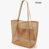 A tan khaki mesh beach tote bag with woven shoulder straps.