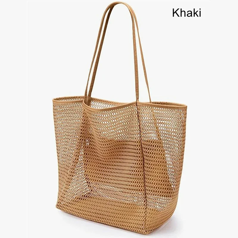 A tan khaki mesh beach tote bag with woven shoulder straps.