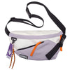 A white and purple nylon chest rig bag with black straps and orange accents.