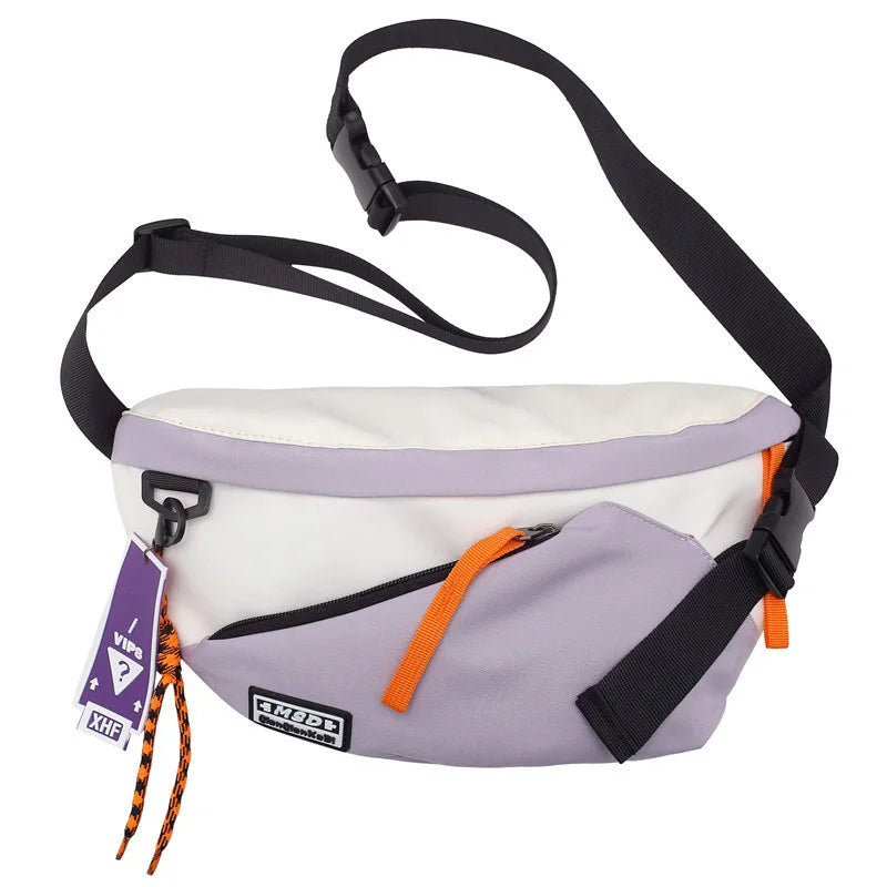 A white and purple nylon chest rig bag with black straps and orange accents.