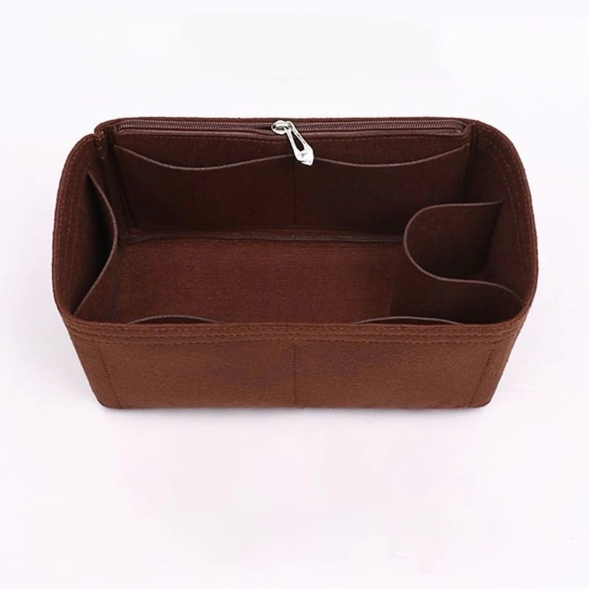 A brown felt purse organizer insert with a zipper closure and internal compartments.