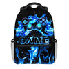 A black backpack featuring a blue flame design and a graphic of a game controller.