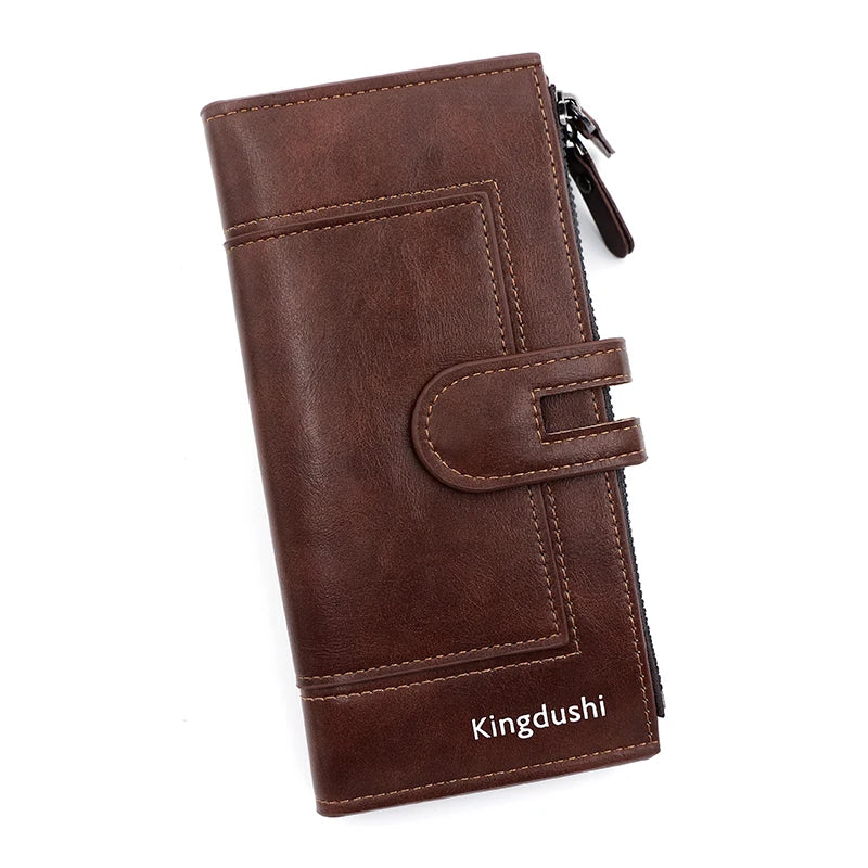 A brown leather wallet with a flap closure and stitching, featuring the brand name Kingdushi.