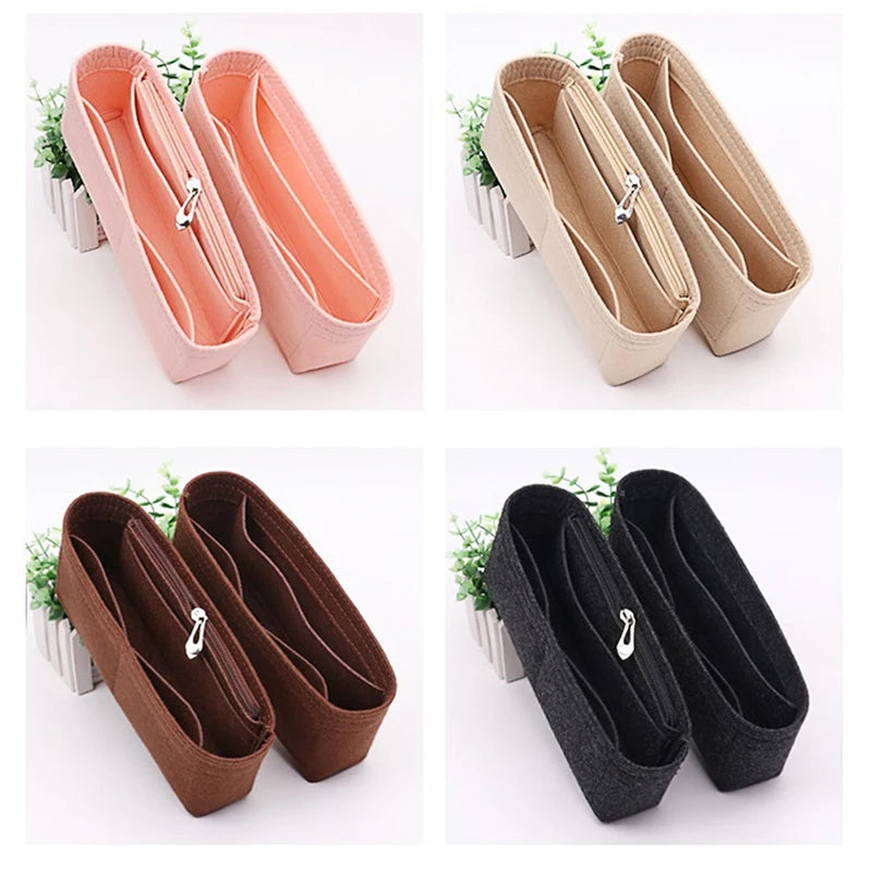 Three felt bag inserts or organizers in pink, beige, and black showing the interior lining.