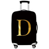 Black rolling suitcase with a gold letter D printed on the side.