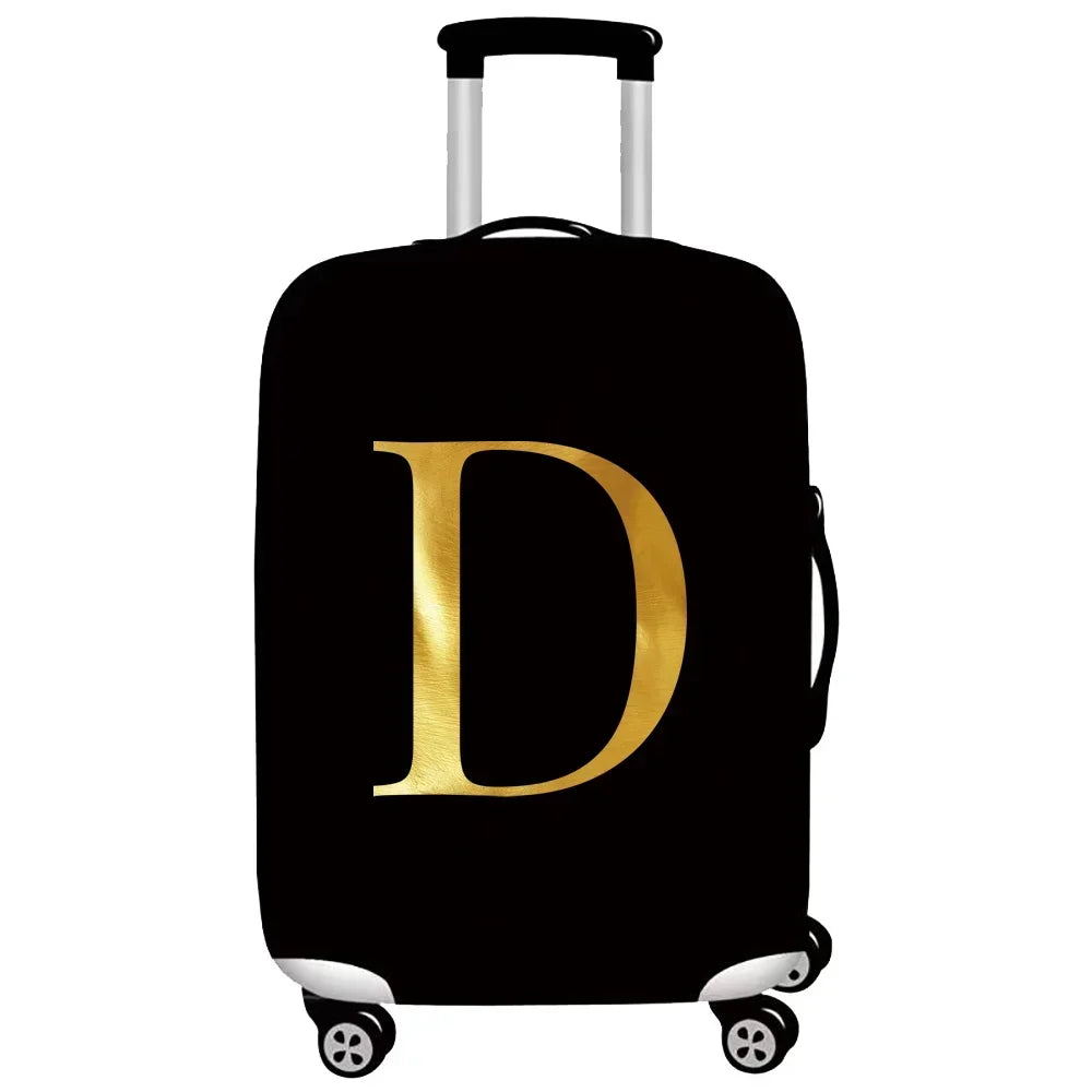 Black rolling suitcase with a gold letter D printed on the side.