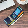 A dark blue men's carbon fiber microfiber wallet lying on a wooden surface next to a laptop and a coffee cup.
