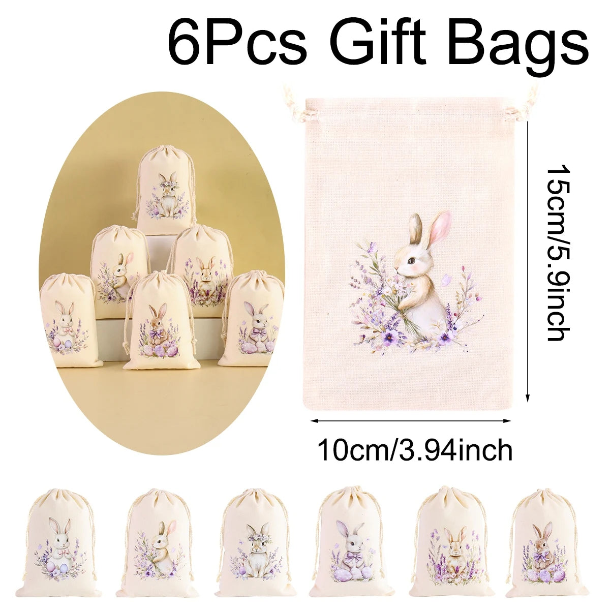 Set of six light pink drawstring gift bags featuring embroidered Easter bunny designs on a pale pink fabric.