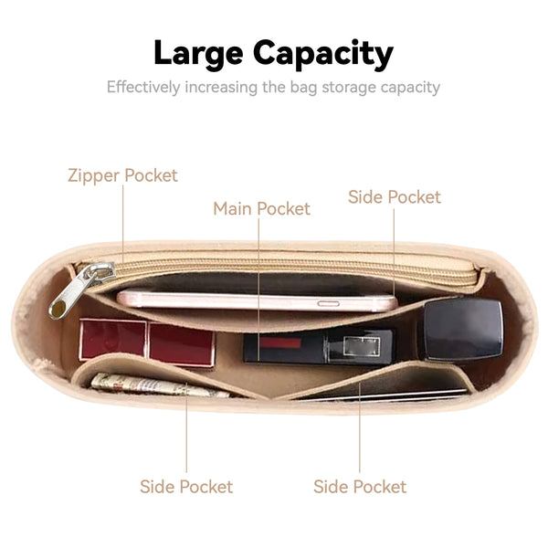A tan felt purse organizer insert showing various pockets including a zipper pocket, main pocket, and multiple side pockets.
