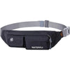 A black waist bag with a gray strap and a hidden security compartment pocket.