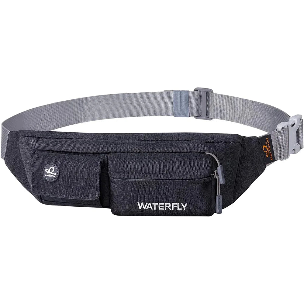 A black waist bag with a gray strap and a hidden security compartment pocket.