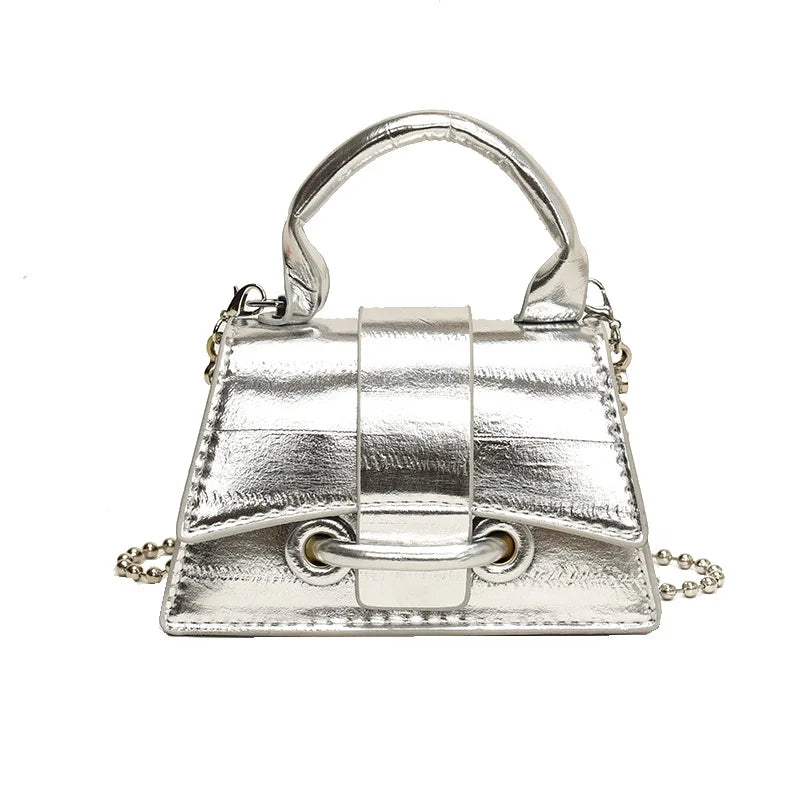 Silver metallic square crossbody bag with a chain strap