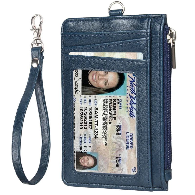 Dunkelblauer Premium-PU-Leder-Ausweis-Halter mit Lanyard und Foto drin