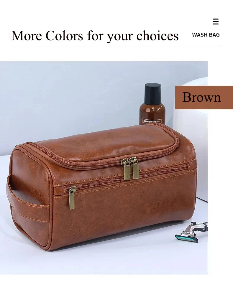 A brown leather toiletry bag with brass clasps is shown next to a bottle and a small grooming tool.