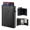 A black minimalist magnetic card holder wallet displaying various credit cards and cash.