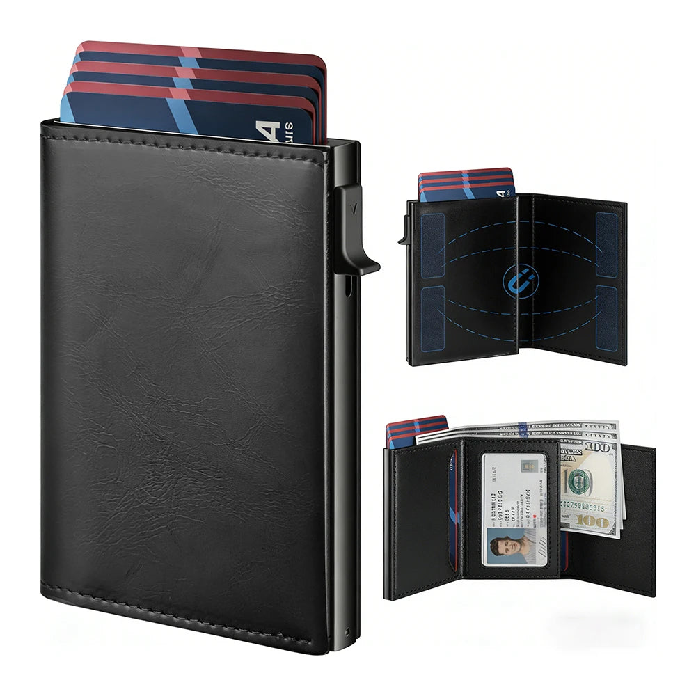 A black minimalist magnetic card holder wallet displaying various credit cards and cash.