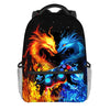 A black backpack featuring a vibrant illustration of a fiery orange dragon and a blue dragon, with glowing game controllers i