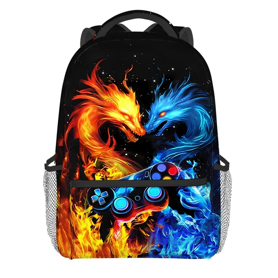 A black backpack featuring a vibrant illustration of a fiery orange dragon and a blue dragon, with glowing game controllers i