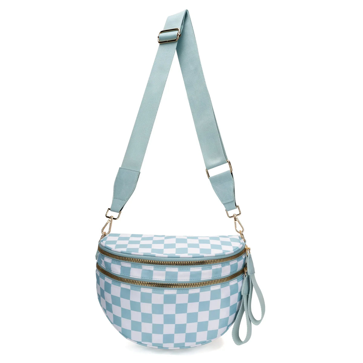 Hellblaue karierte Crossbodytasche mit hellblauer Trageleiste