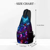A purple and blue butterfly cartoon crossbody chest bag displayed with size chart measurements.