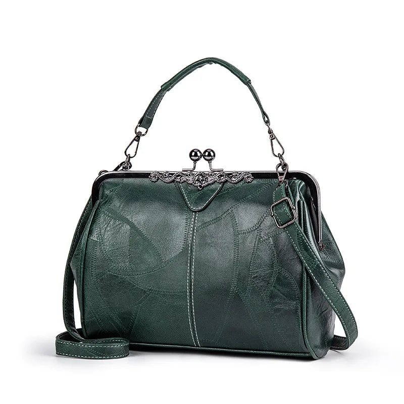 A dark green leather crossbody shoulder bag with a silver-toned chain detail.