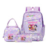 A purple multi-compartment casual backpack featuring a vibrant pattern and characters.