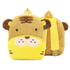 A yellow cartoon animal plush backpack shaped like a lion face with brown ears and stripes.