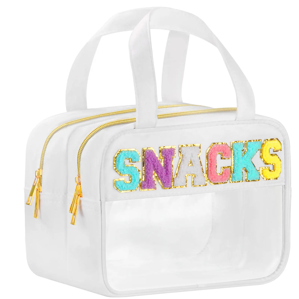 White makeup bag with a gold zipper pull and the word SNACKS spelled out in colorful glitter letters