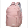 Mochila ligera rosa para universidad y deportes con soporte para portátil y correas grises.