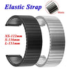 Stainless steel elastic strap watch bands in black, silver, and gray finishes shown with size options.