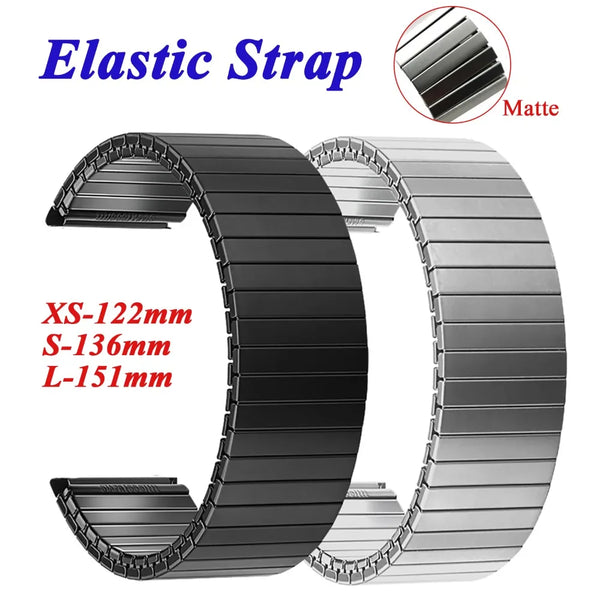 Stainless steel elastic strap watch bands in black, silver, and gray finishes shown with size options.