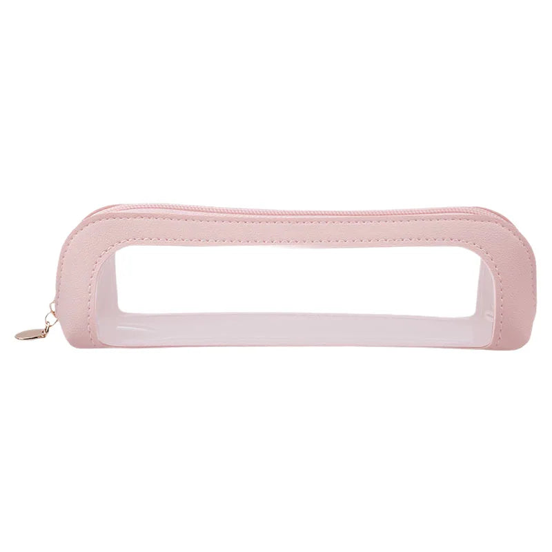 A pink portable transparent cosmetic organizer pouch with a clear window.
