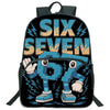 A black backpack featuring a graphic design with the text SIX SEVEN and a blue robot character.
