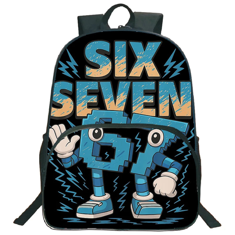 A black backpack featuring a graphic design with the text SIX SEVEN and a blue robot character.