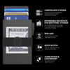 A minimalist metal card holder featuring a federal reserve note and an expandable backplate for additional storage.