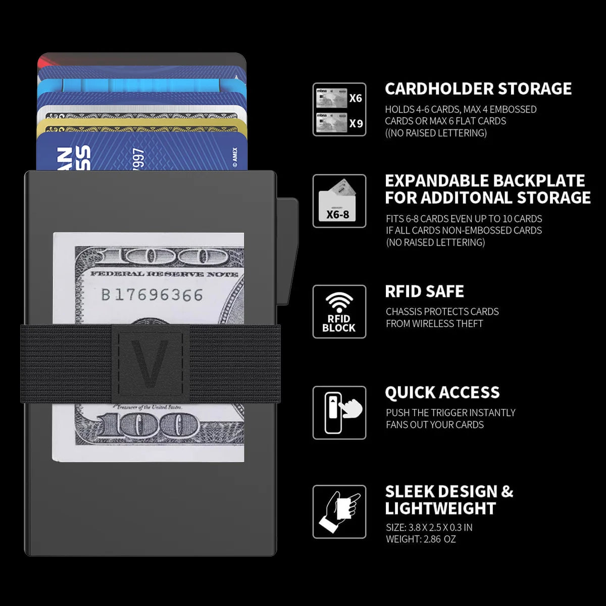 A minimalist metal card holder featuring a federal reserve note and an expandable backplate for additional storage.