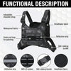 A camouflage tactical chest bag featuring adjustable shoulder straps, waterproof fabric, a hook and loop for patching, a refl