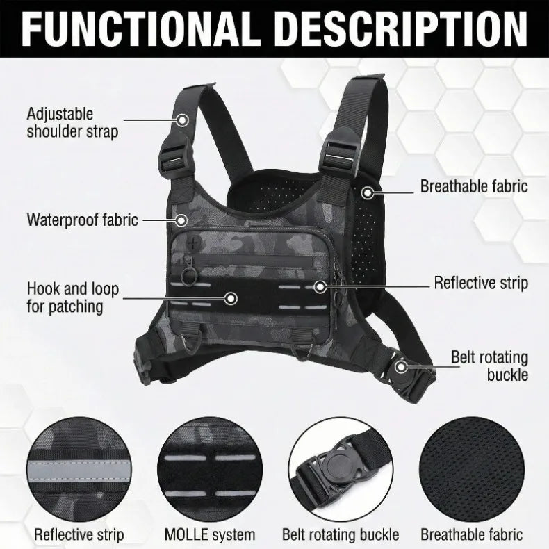 A camouflage tactical chest bag featuring adjustable shoulder straps, waterproof fabric, a hook and loop for patching, a refl