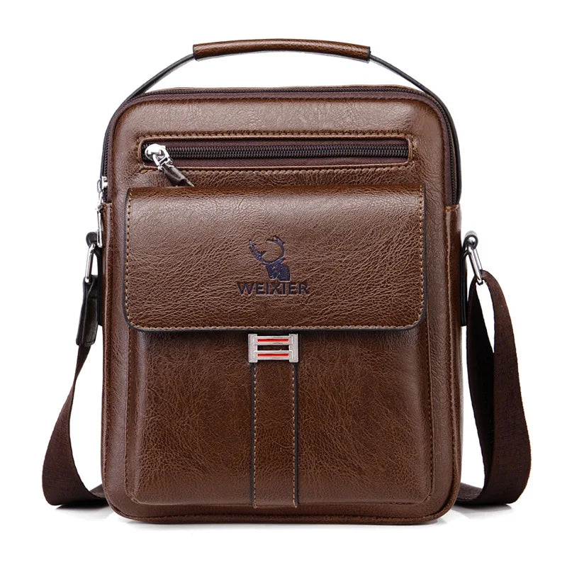 A brown vintage PU leather crossbody messenger bag with a leather strap and zipper pocket.