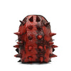 A red, hedgehog-shaped PU leather backpack with textured scales and prominent spikes.