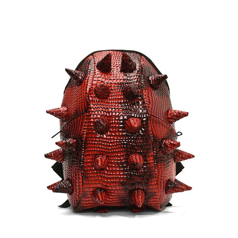A red, hedgehog-shaped PU leather backpack with textured scales and prominent spikes.