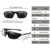 Un juego de gafas deportivas polarizadas negras con varias dimensiones de montura y lente mostradas en diferentes vistas.
