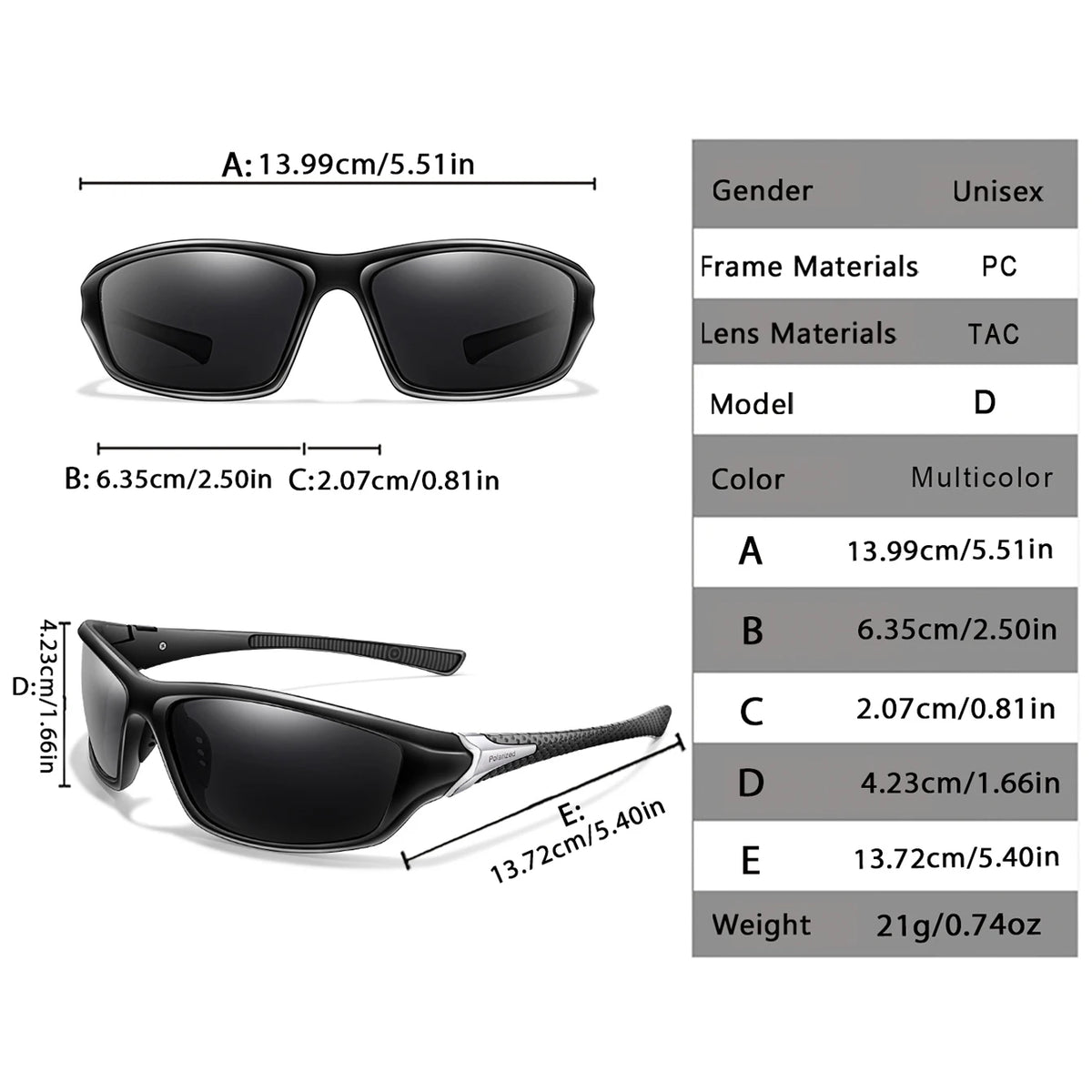 Un juego de gafas deportivas polarizadas negras con varias dimensiones de montura y lente mostradas en diferentes vistas.