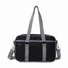 A black and gray preppy PU shoulder bag designed for students.