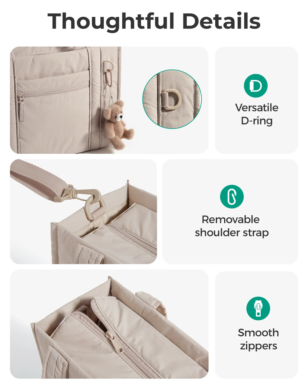 A light beige quilted tote bag with a D-ring, removable shoulder strap, and smooth zippers.