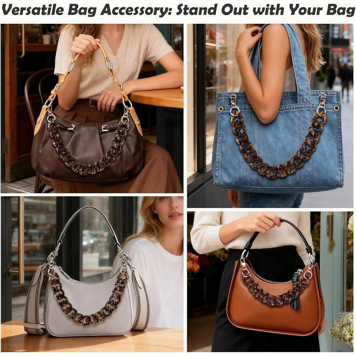 Various handbags featuring acrylic chain straps in brown and gold colors.