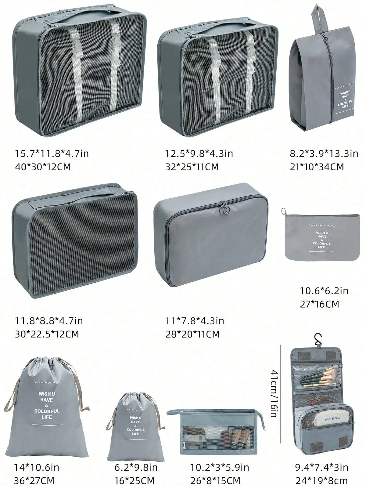 A set of fabric storage organizers in gray and black featuring various sizes and shapes for organizing items.