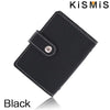 Black KisMIS slim leather card holder with a stitched edge and a metal closure.