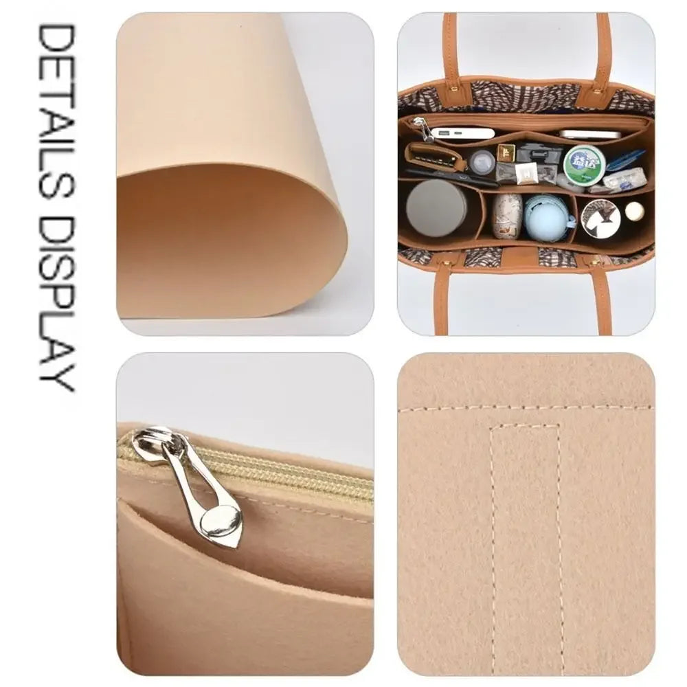 Details display of a beige felt insert liner for handbags, showing the material and various components.