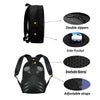 Black cartoon character school backpack set showing details like double zippers, side pocket, breathable material, and adjust